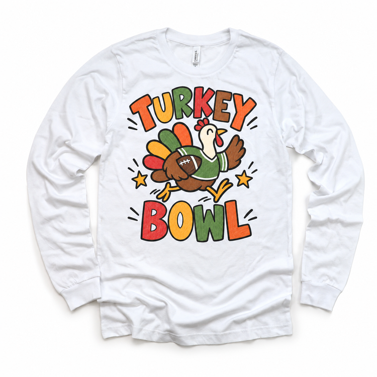 Turkey Bowl Football design on a white long sleeve tee