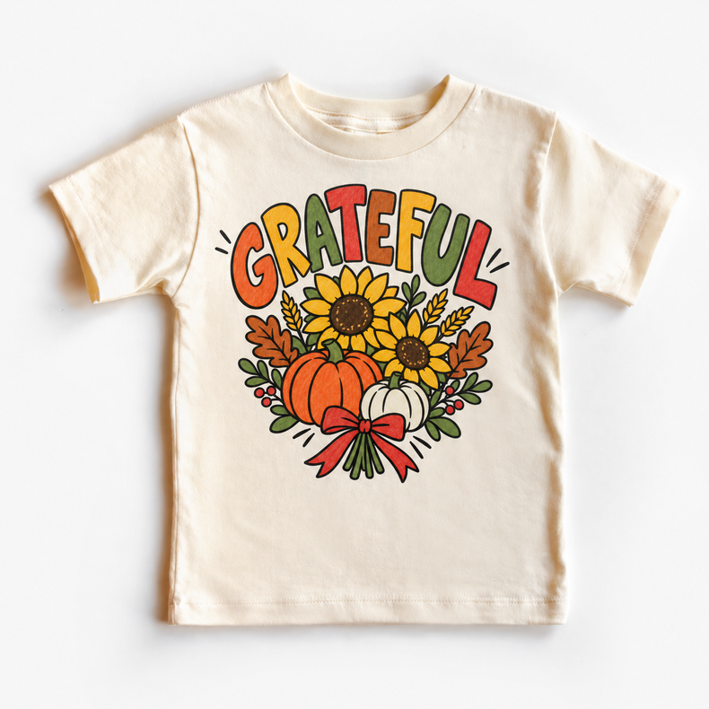 Grateful Sunflower Pumpkin design on a natural tee