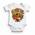 Grateful Sunflower Pumpkin design on a white bodysuit