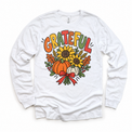 Grateful Sunflower Pumpkin design on a white long sleeve tee