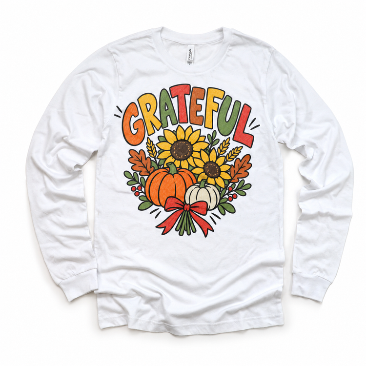 Grateful Sunflower Pumpkin design on a white long sleeve tee