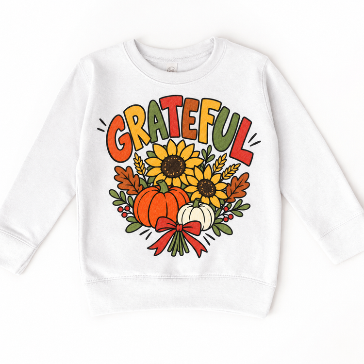 Grateful Sunflower Pumpkin design on a white sweatshirt
