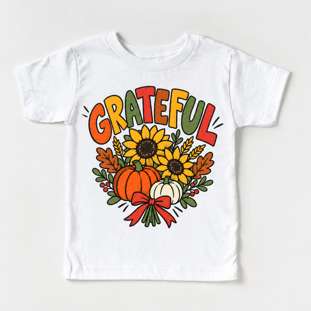 Grateful Sunflower Pumpkin design on a white tee