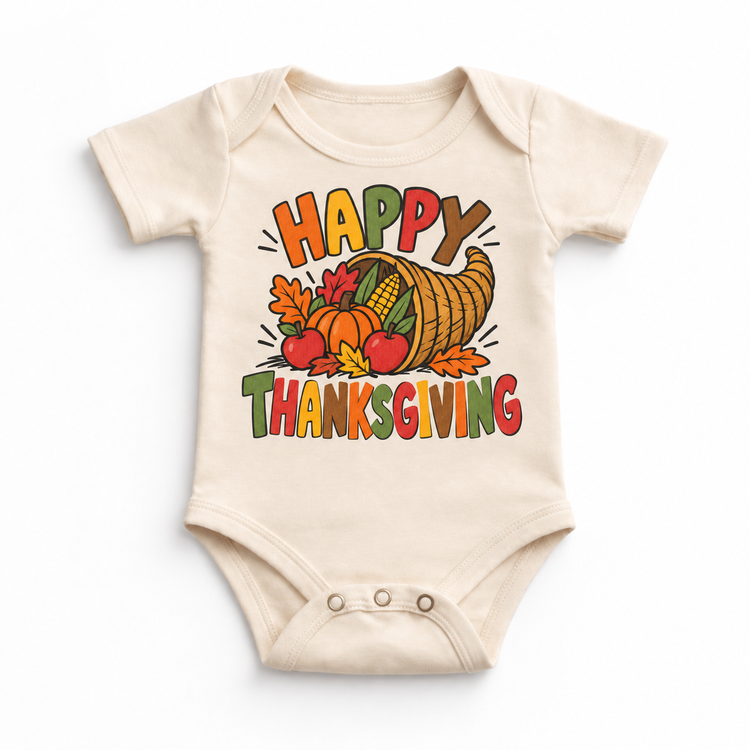 Happy Thanksgiving Cornucopia design on a natural bodysuit