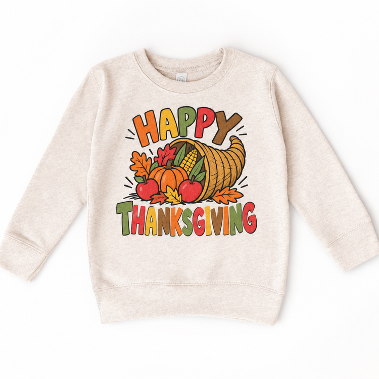 Happy Thanksgiving Cornucopia design on a natural sweatshirt
