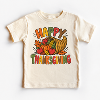 Happy Thanksgiving Cornucopia design on a natural tee