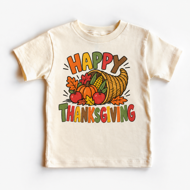 Happy Thanksgiving Cornucopia design on a natural tee