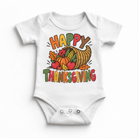 Happy Thanksgiving Cornucopia design on a white bodysuit