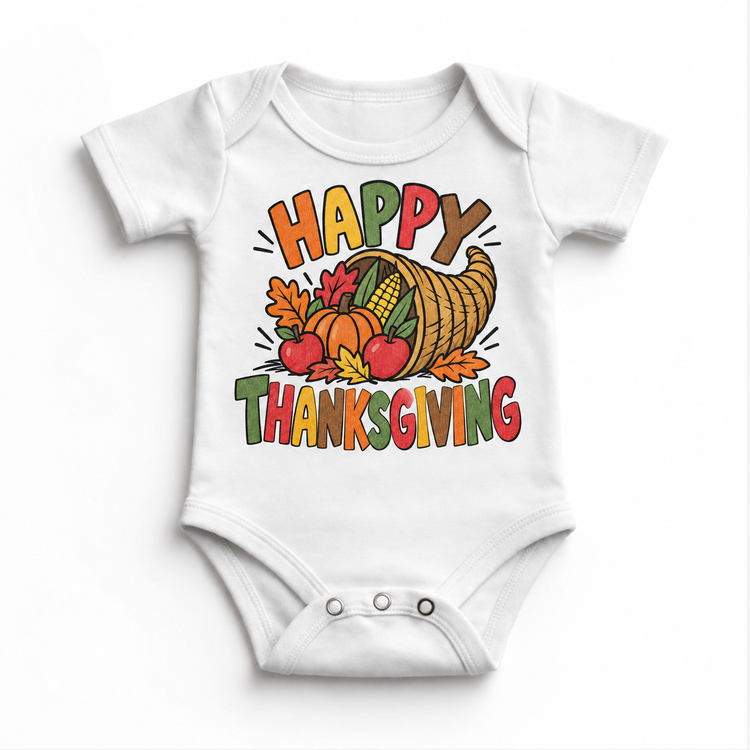 Happy Thanksgiving Cornucopia design on a white bodysuit
