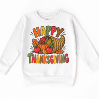 Happy Thanksgiving Cornucopia design on a white sweatshirt