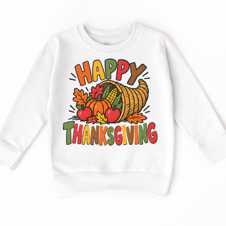 Happy Thanksgiving Cornucopia design on a white sweatshirt