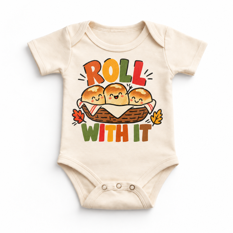 Roll With It Thanksgiving design on a natural bodysuit