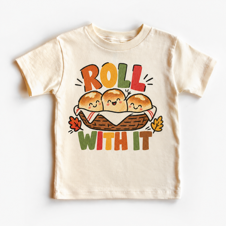 Roll With It Thanksgiving design on a natural tee