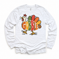 Gobble Turkey design on a white long sleeve tee