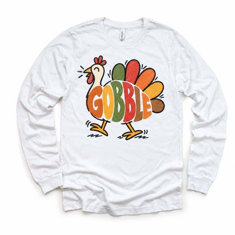 Gobble Turkey design on a white long sleeve tee