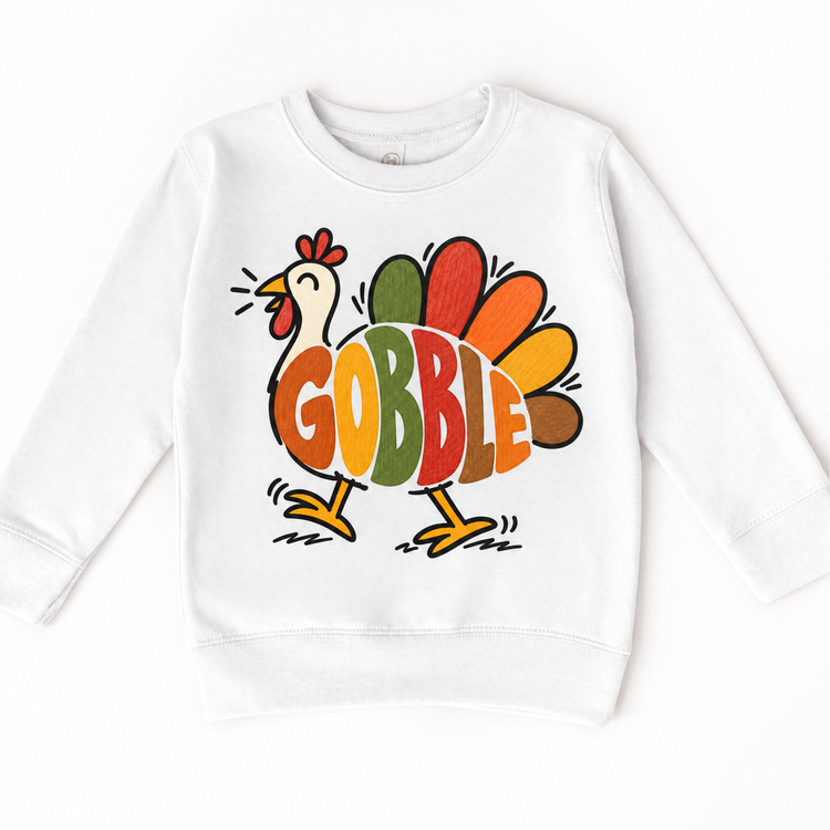 Gobble Turkey design on a white sweatshirt