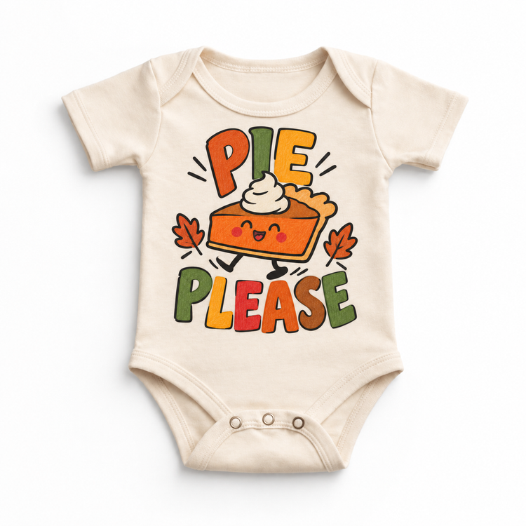 Pie Please Thanksgiving design on a natural bodysuit