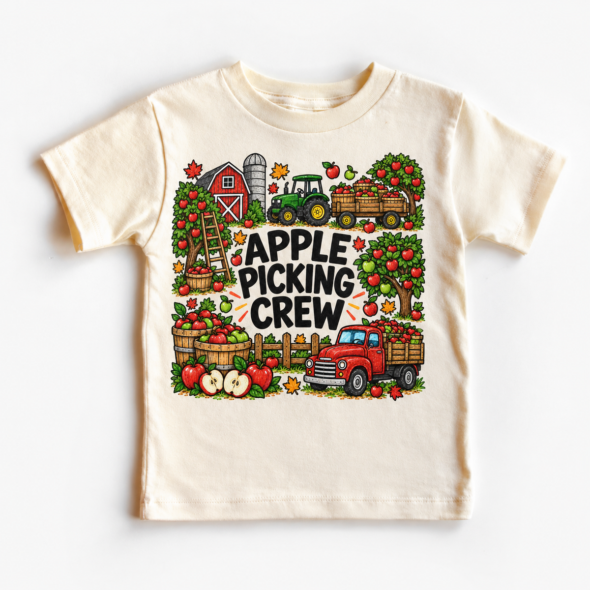 Apple Picking Crew design on a natural tee