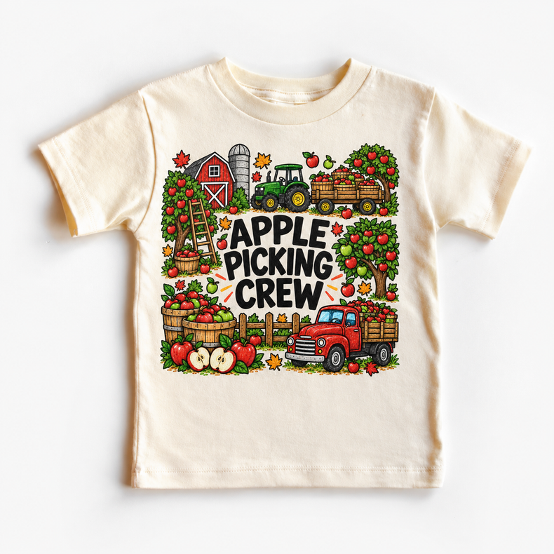 Apple Picking Crew design on a natural tee