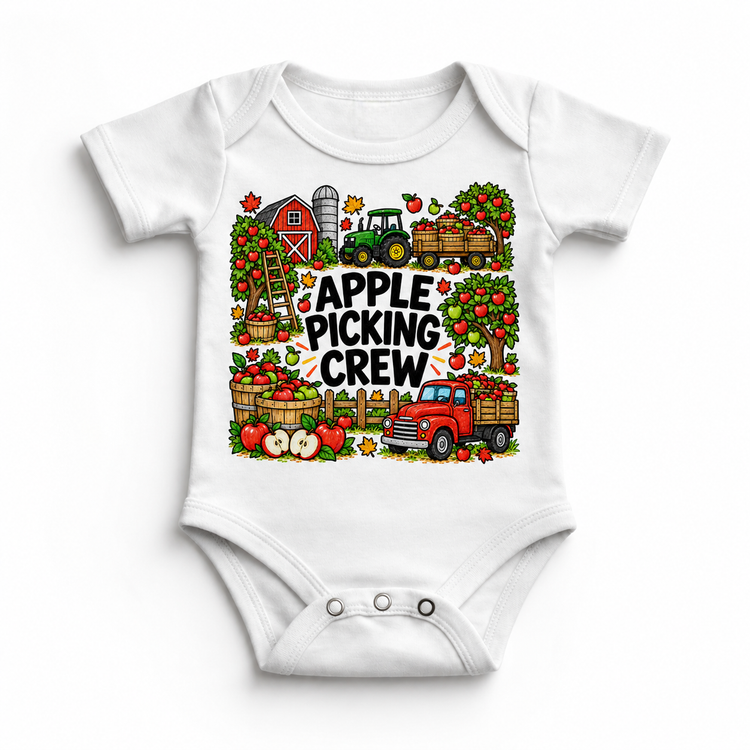 Apple Picking Crew design on a white bodysuit