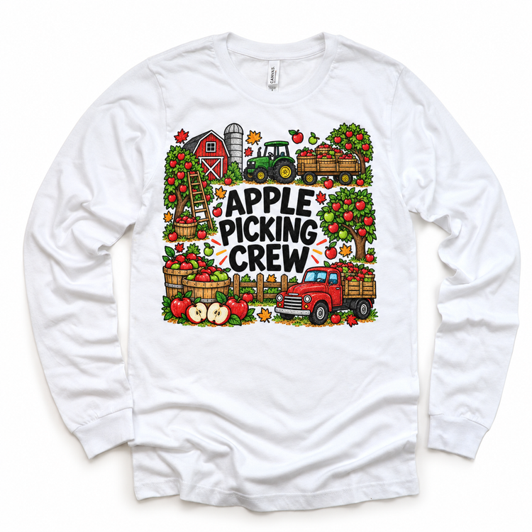 Apple Picking Crew design on a white long sleeve tee