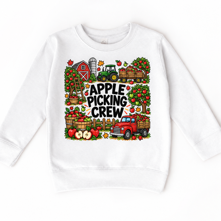 Apple Picking Crew design on a white sweatshirt