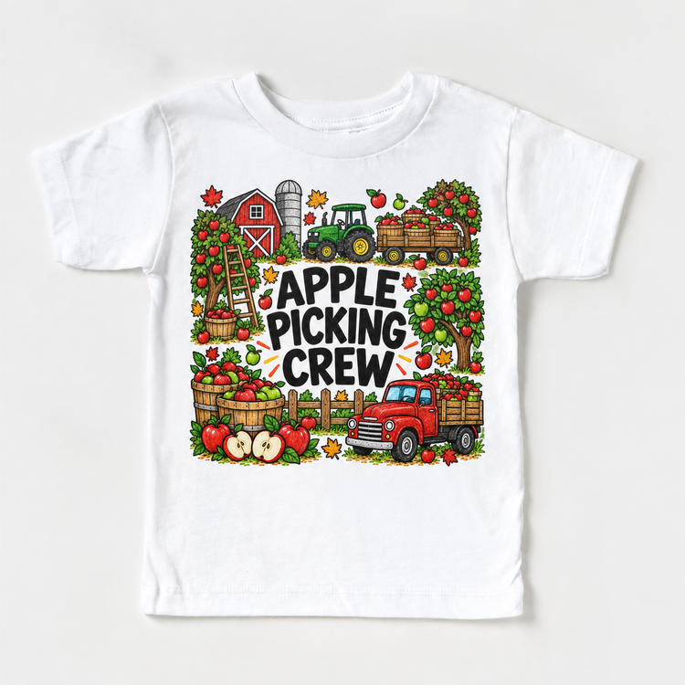 Apple Picking Crew design on a white tee