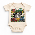 Just a Kid Who Loves Tractors design on a natural bodysuit
