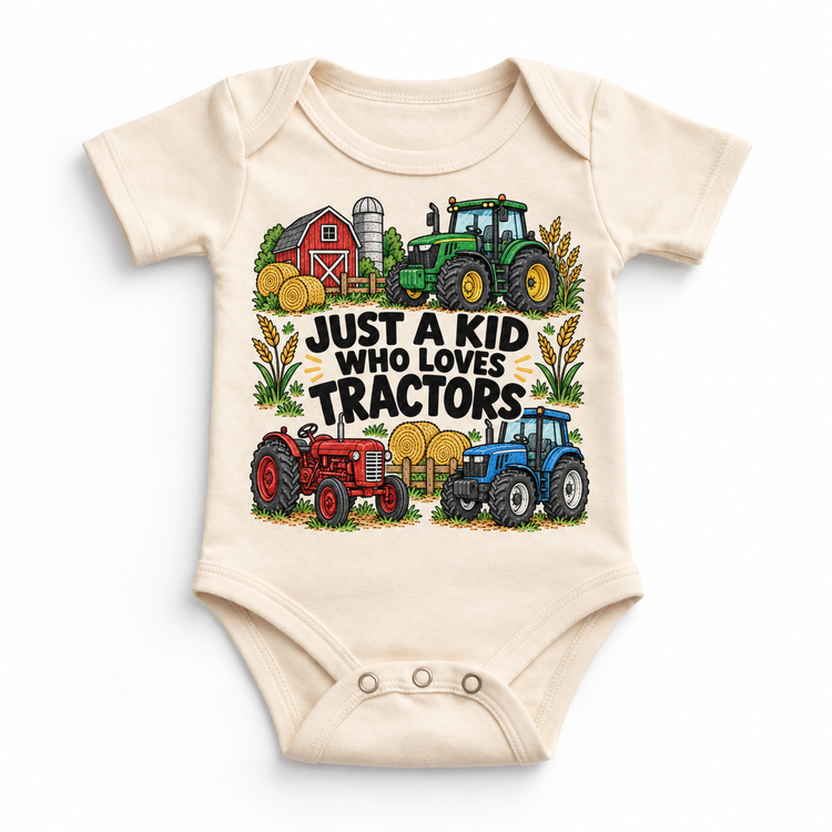 Just a Kid Who Loves Tractors design on a natural bodysuit