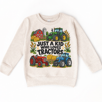Just a Kid Who Loves Tractors design on a natural sweatshirt