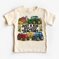 Just a Kid Who Loves Tractors design on a natural tee