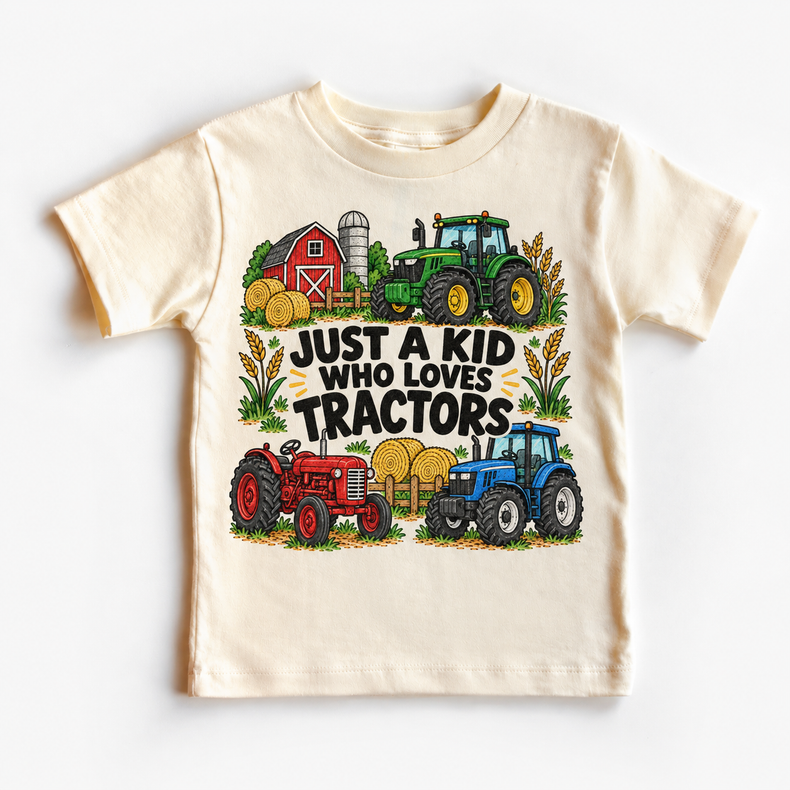 Just a Kid Who Loves Tractors design on a natural tee