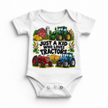 Just a Kid Who Loves Tractors design on a white bodysuit