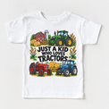 Just a Kid Who Loves Tractors design on a white tee