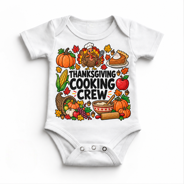 Thanksgiving Cooking Crew design on a white bodysuit