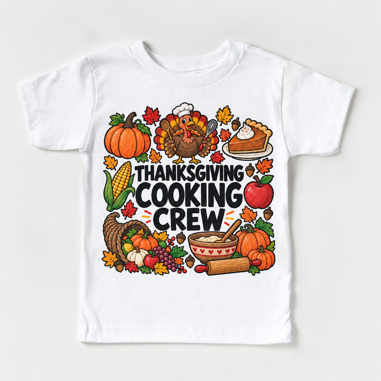 Thanksgiving Cooking Crew design on a white tee