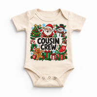 Christmas Cousin Crew design on a natural bodysuit
