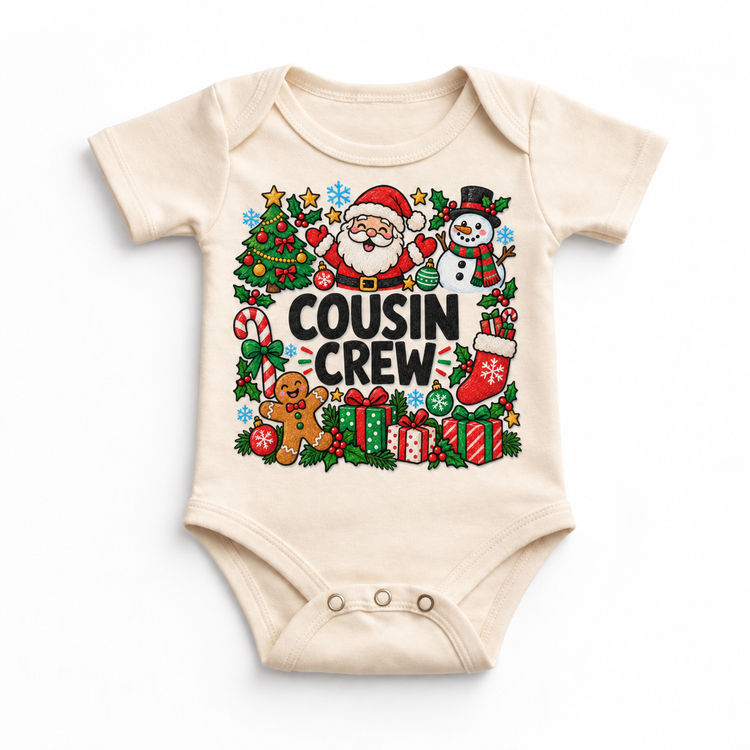 Christmas Cousin Crew design on a natural bodysuit