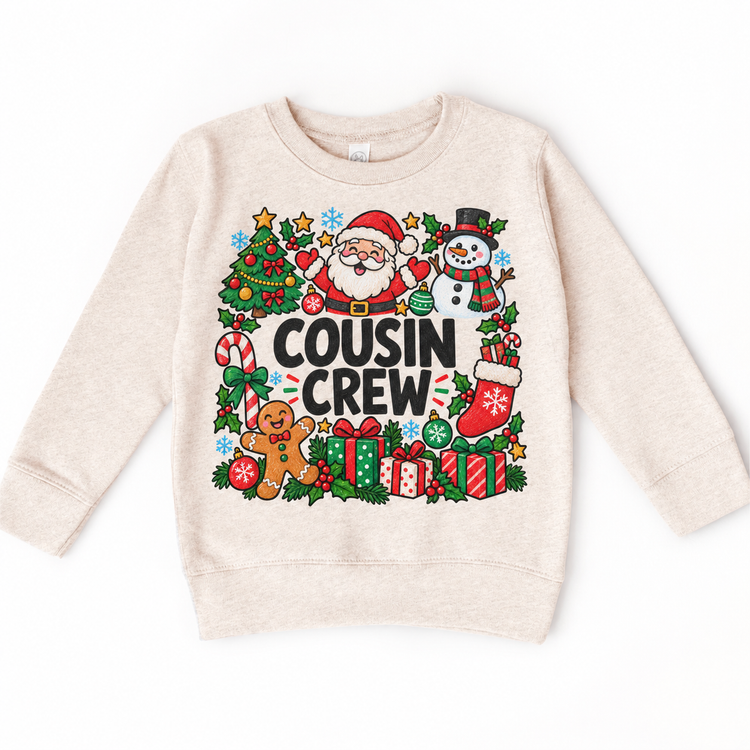 Christmas Cousin Crew design on a natural sweatshirt