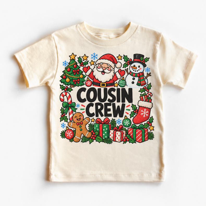 Christmas Cousin Crew design on a natural tee