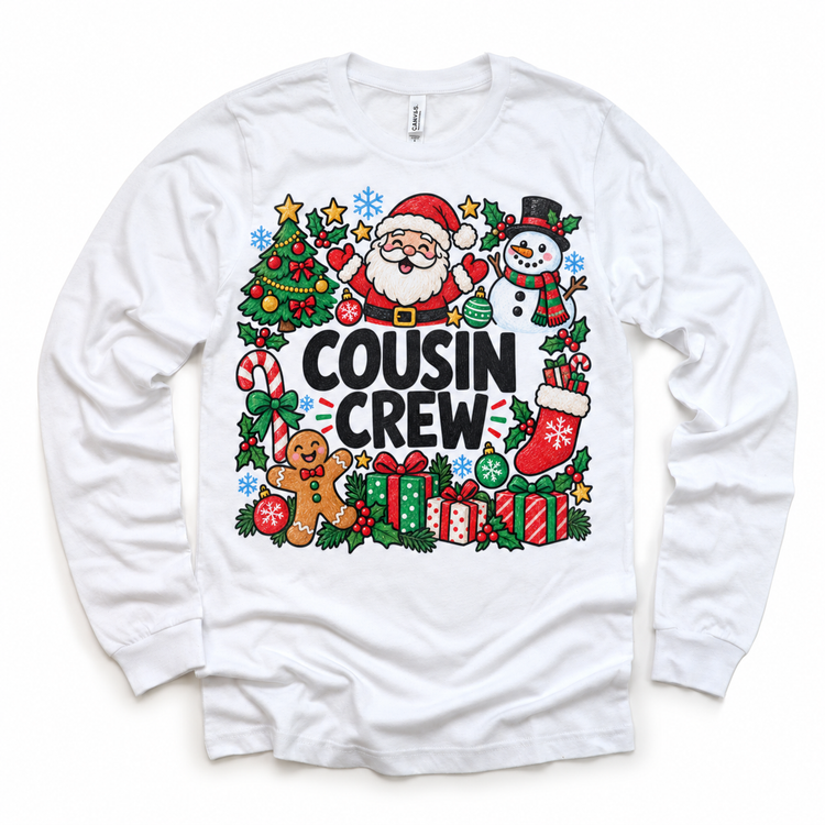 Christmas Cousin Crew design on a white long sleeve tee