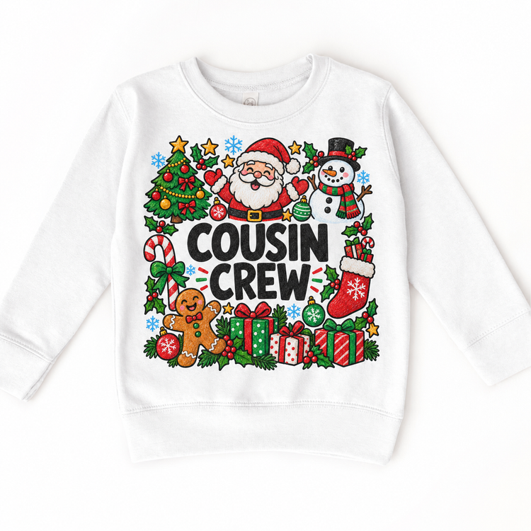 Christmas Cousin Crew design on a white sweatshirt