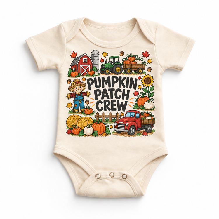 Pumpkin Patch Crew design on a natural bodysuit