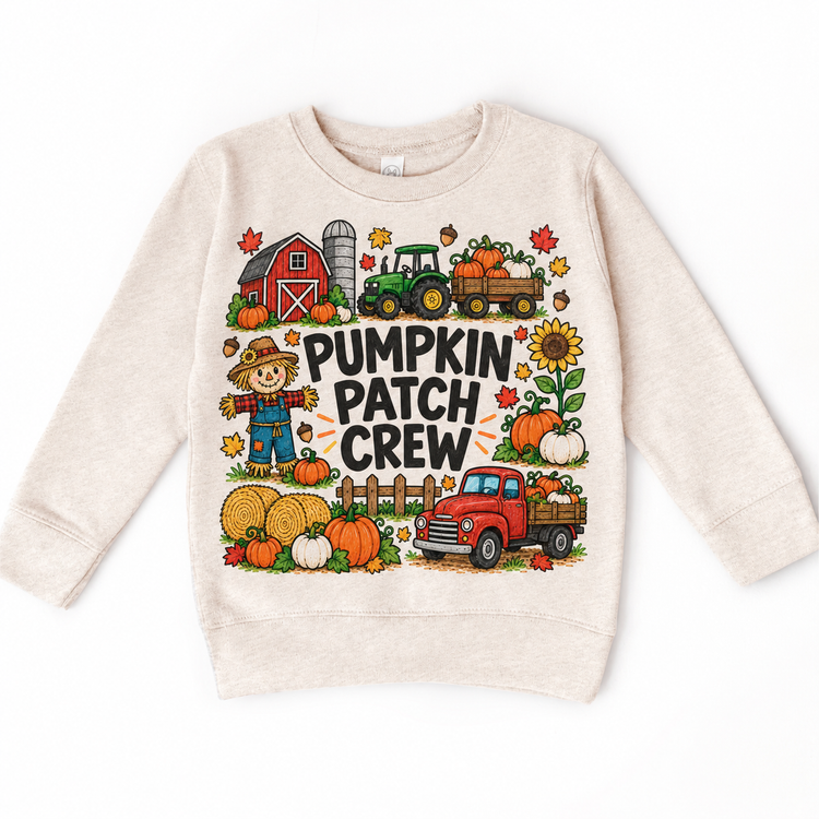 Pumpkin Patch Crew design on a natural sweatshirt