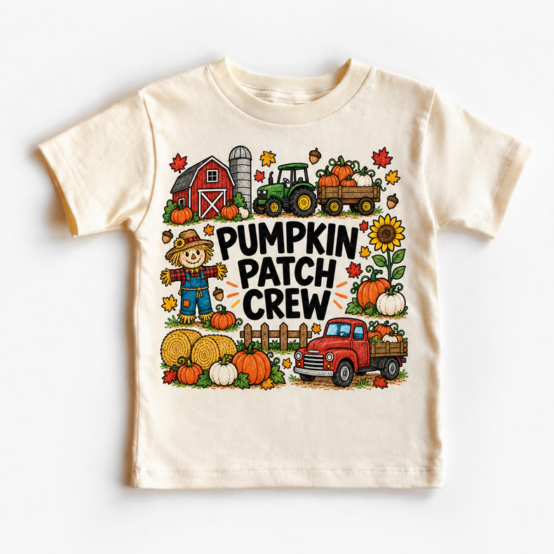 Pumpkin Patch Crew design on a natural tee