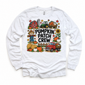 Pumpkin Patch Crew design on a white long sleeve tee