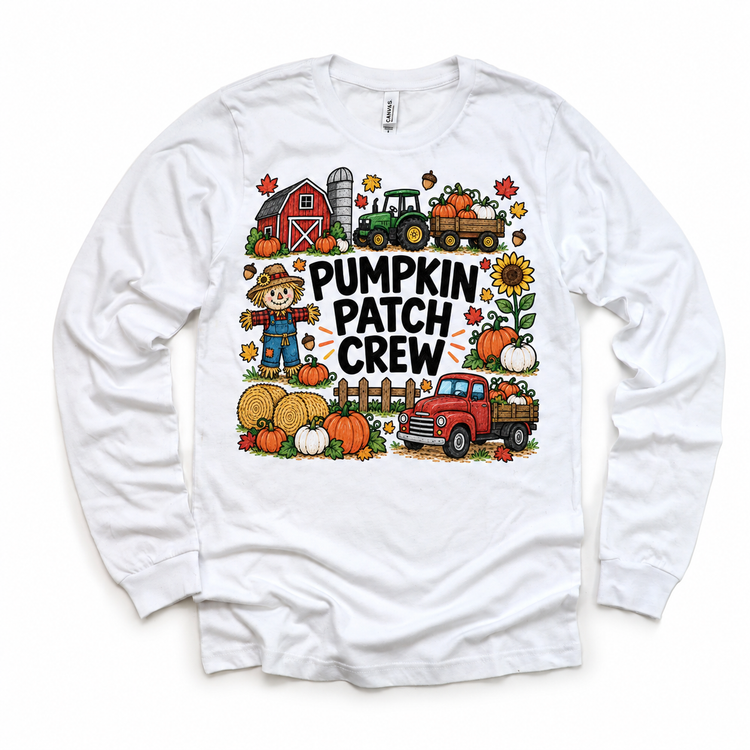 Pumpkin Patch Crew design on a white long sleeve tee