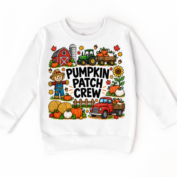 Pumpkin Patch Crew design on a white sweatshirt