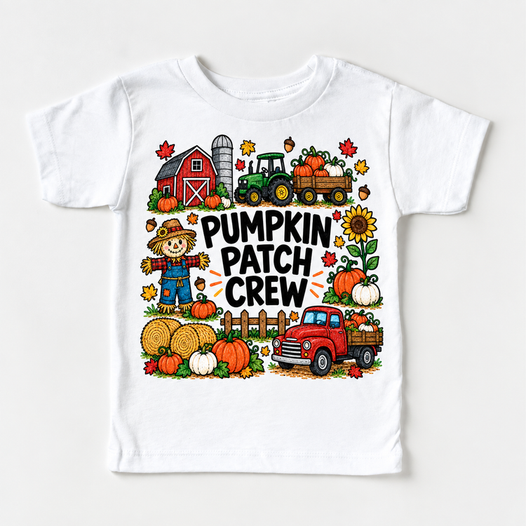 Pumpkin Patch Crew design on a white tee
