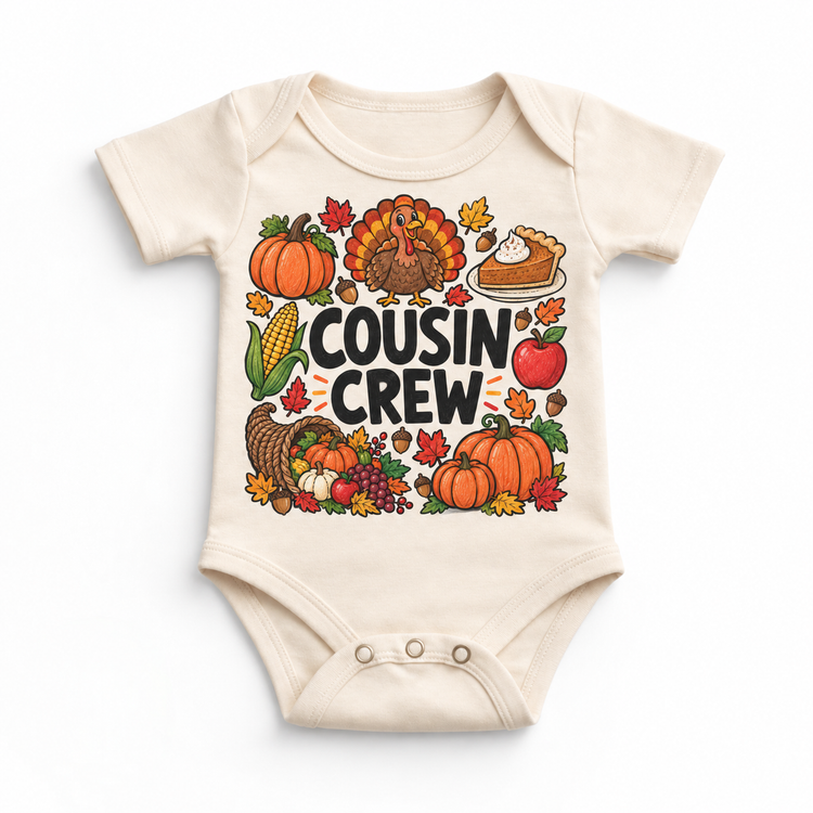 Thanksgiving Cousin Crew design on a natural bodysuit